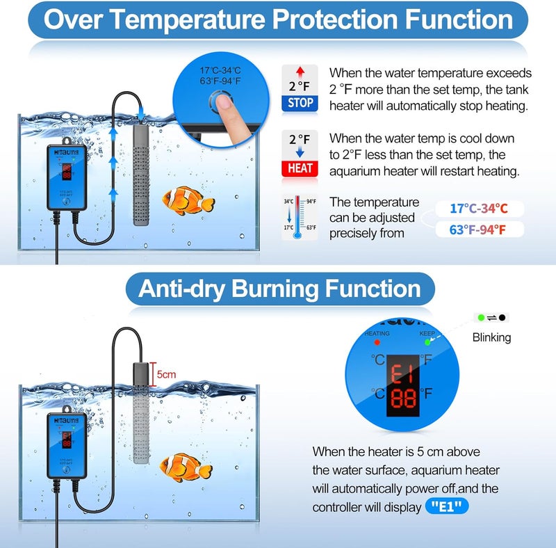 HiTauing Aquarium Heater, Upgraded 200W Fish Tank Heater with Intelligent Leaving Water Automatically Stop Heating and Advanced Temperature Control System, Suitable for Saltwater and Freshwater - Image 2